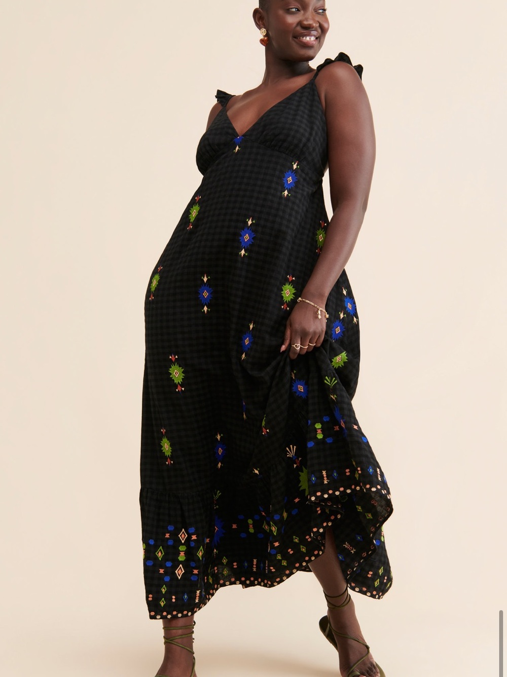 Anthropologie embroidered v-neck maxi dress with ruffled straps.